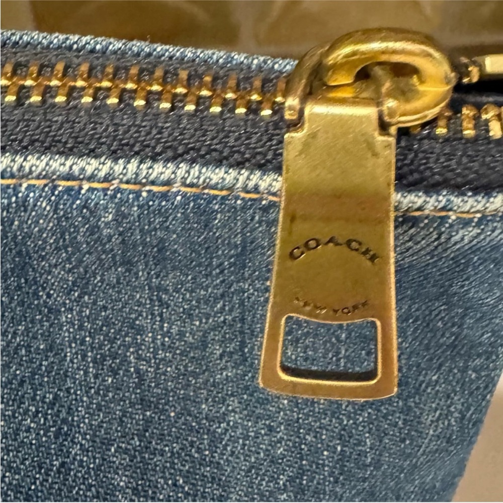 Coach Blue Denim Tote with Navy Leather Trim and Gold Hardware - Picture 5 of 16